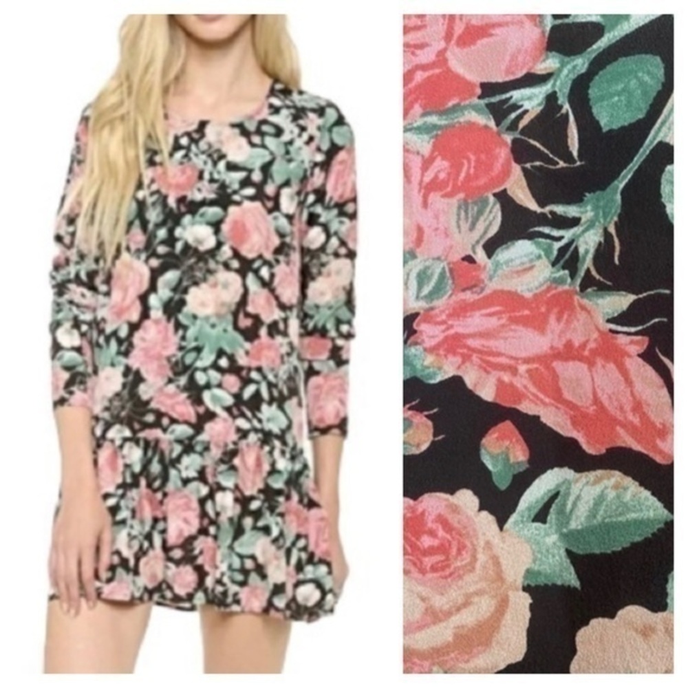 Lovers + Friends Floral Autumn Rose Long Sleeve Heart Drop Waist Dress XS
